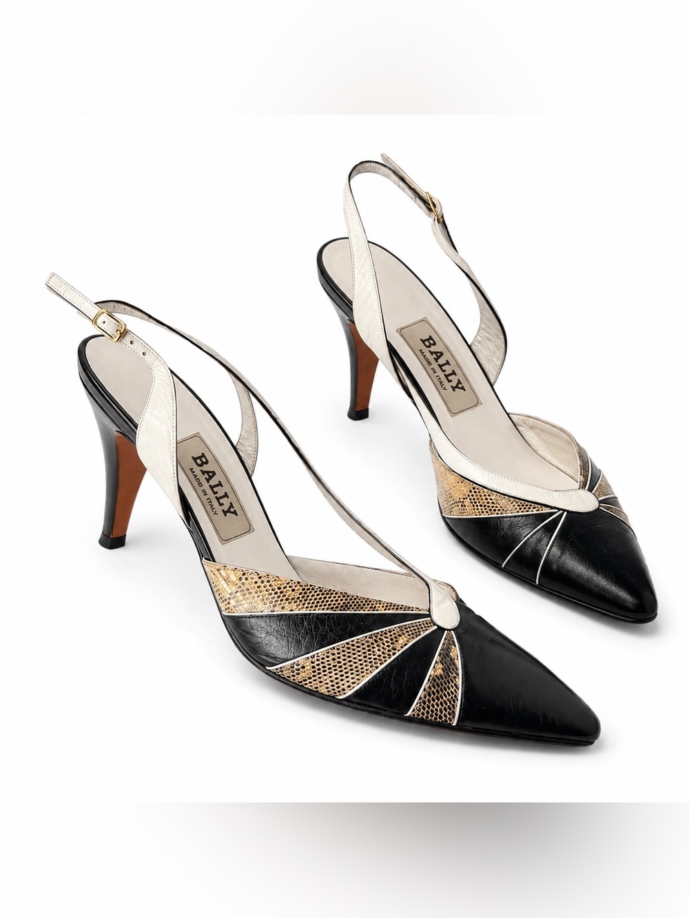 Bally Black & Cream Leather Slingback Pumps Pointed Toe 3” Heel Made in Italy